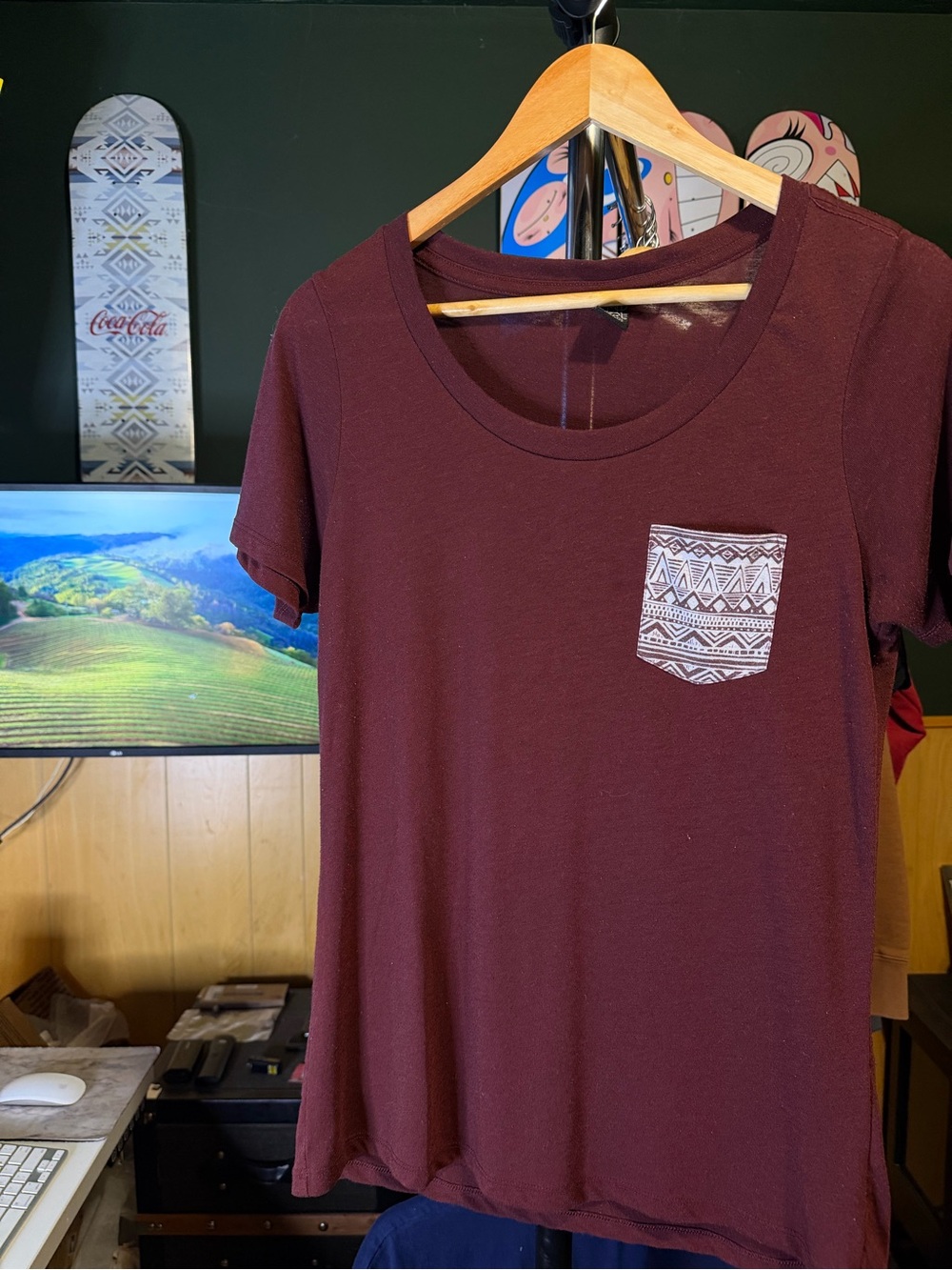 Empyre Aztec Pocket Design Maroon light weight scoopneck tshirt w/ Tribal Prin